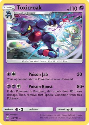 Toxicroak 055 - Reverse Holofoil SM Burning Shadows - Rare