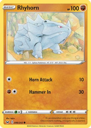 Rhyhorn (096) 096 - Reverse Holofoil SWSH01 Sword & Shield Base Set - Common