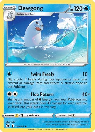 Dewgong 034 - Reverse Holofoil SWSH11 Lost Origin - Rare