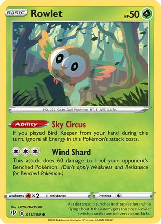 Rowlet 011  - Reverse Holofoil SWSH03 Darkness Ablaze - Common