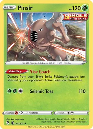 Pinsir 001  - Reverse Holofoil SWSH07 Evolving Skies - Rare