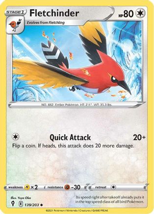 Fletchinder 139  - Reverse Holofoil SWSH07 Evolving Skies - Uncommon