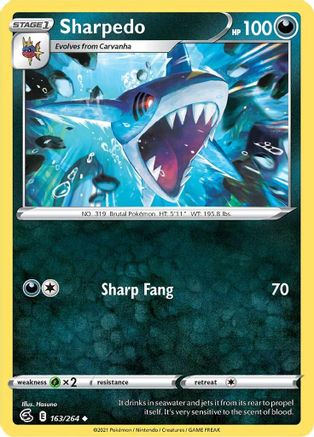 Sharpedo 163  - Reverse Holofoil SWSH08 Fusion Strike - Uncommon