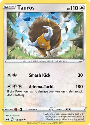 Tauros 106  - Reverse Holofoil SWSH Crown Zenith - Rare