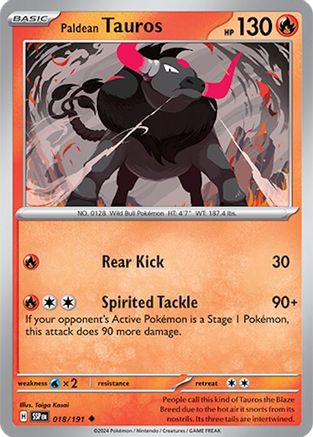 Paldean Tauros 018/191  - Reverse Holofoil SV08 Surging Sparks - Uncommon